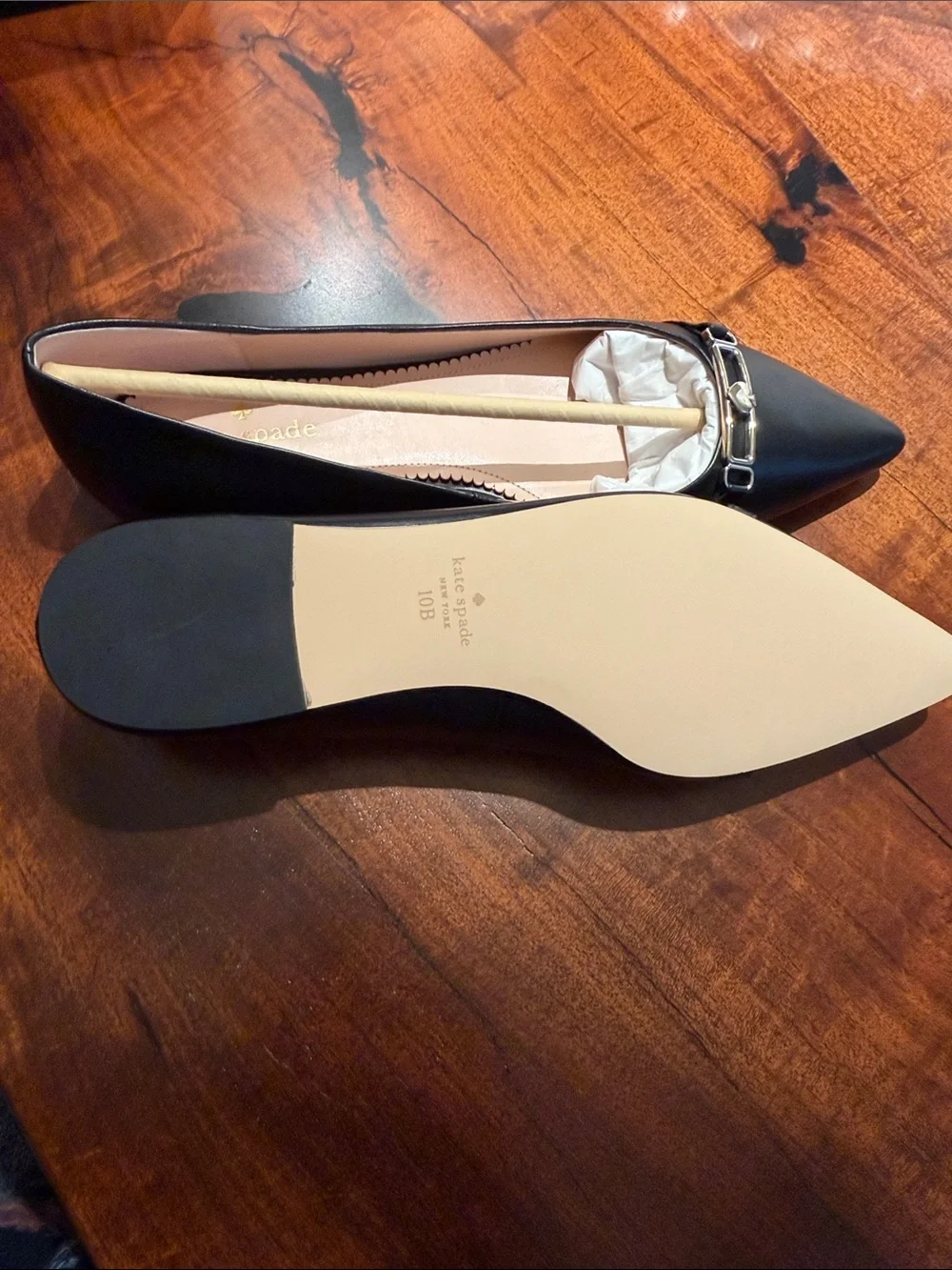 Brand New kate spade Black Pointed-Toe Flats with Silver Heart Accent.